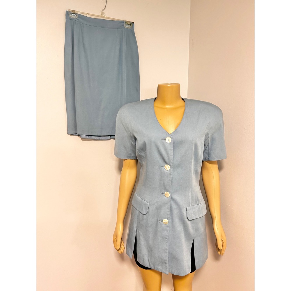 Apart Vintage 90s Skirt Suit Set Dusty Blue Short Sleeve Blazer Pencil Skirt 10